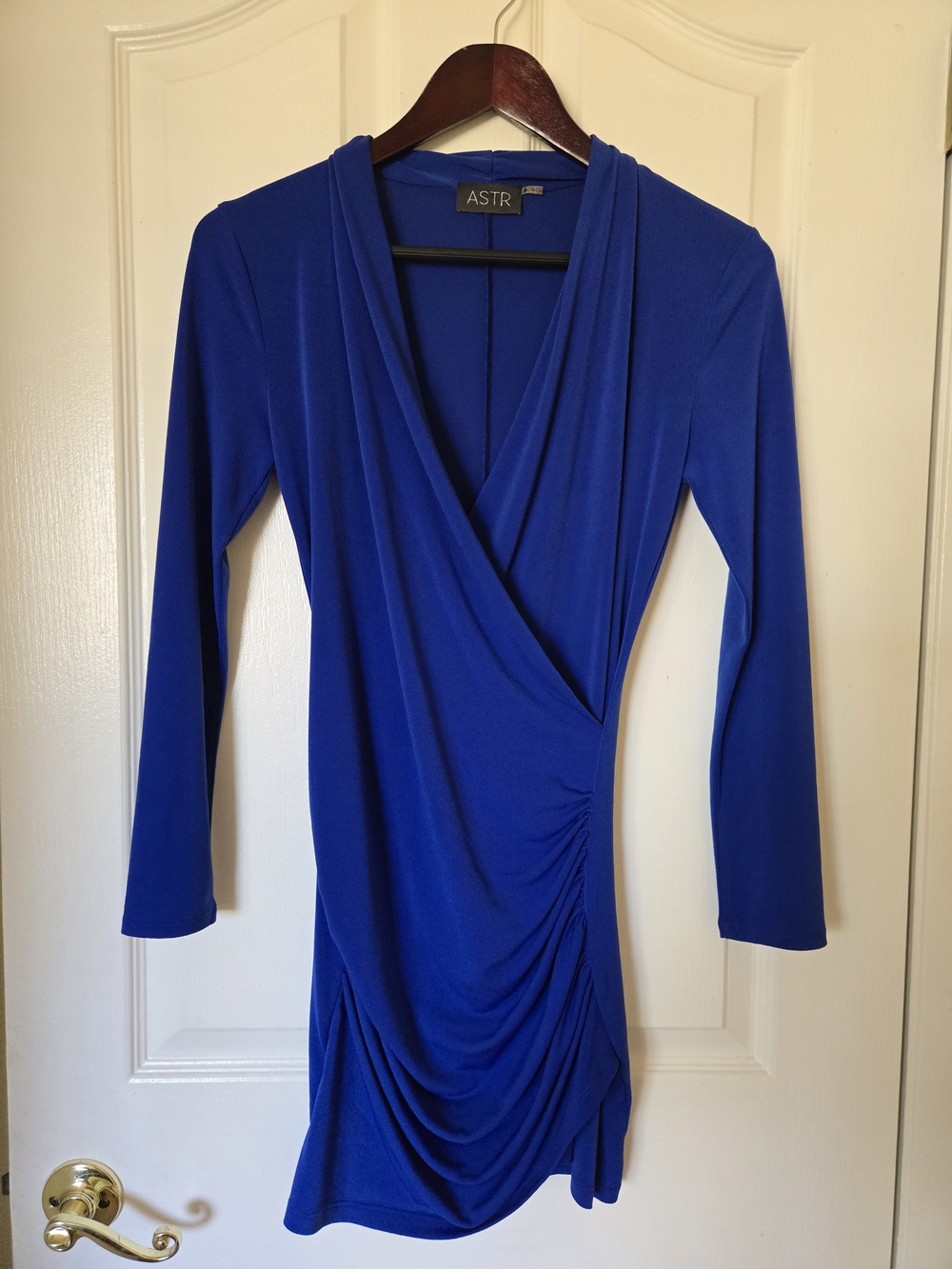 ASTR the Label Royal Blue Ruched Long Sleeve V-Neck Mini Dress Size S GUC
